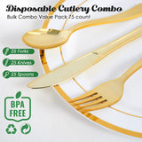 FOCUSLINE 75 Pack Gold Plastic Silverware Disposable Cutlery Set - 25 Forks Knives Spoons - Disposable Flatware Heavy Duty Plastic Utensils Set