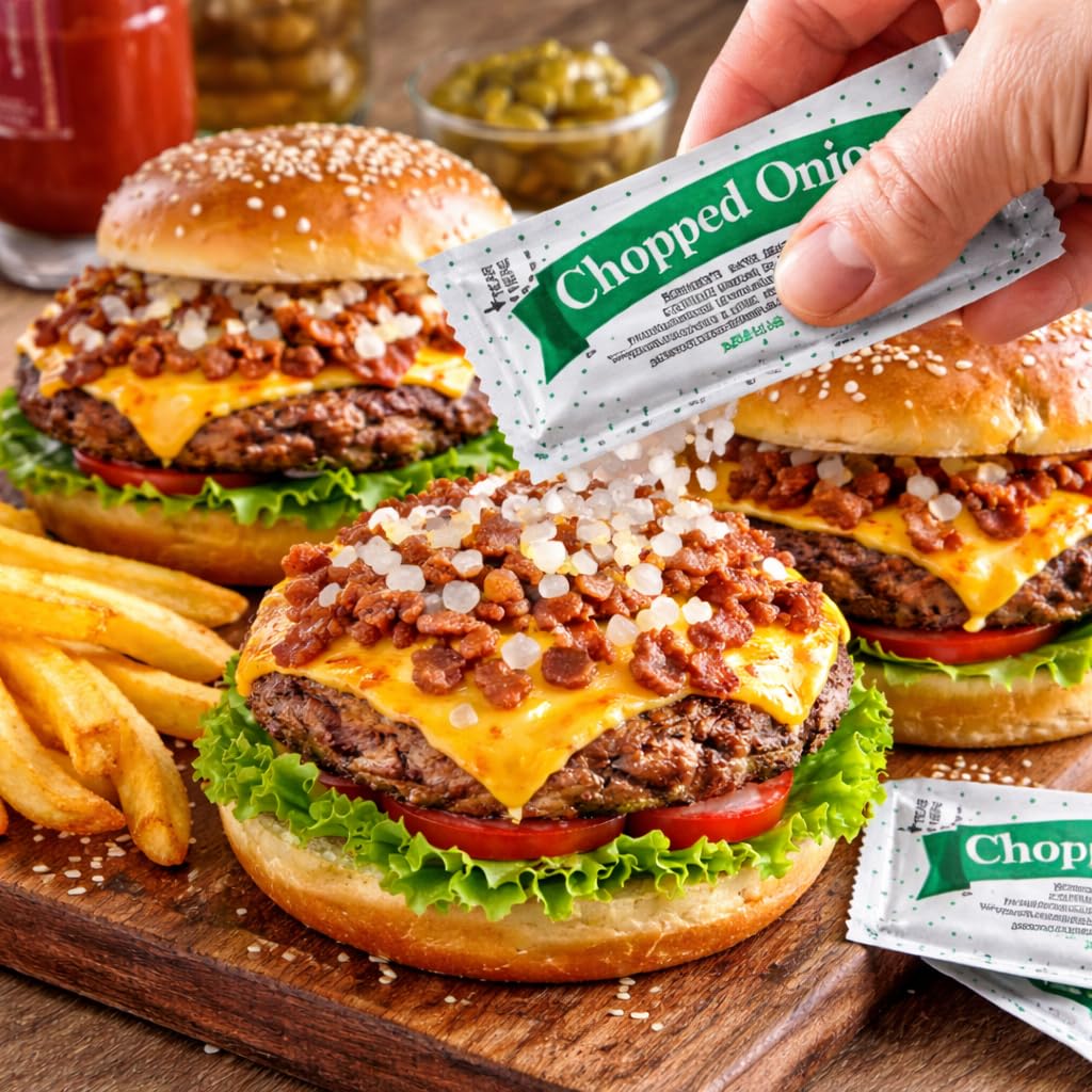 Chopped Onion Packets - Pack of 30 Individual Single Serve Condiment Packets for Hot Dogs & Burgers - Diced Onion Topping for Concession Stands, Food