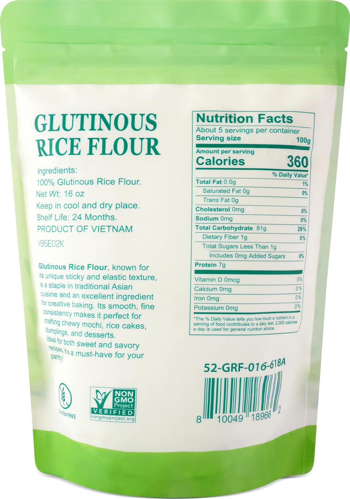 52USA Glutinous Rice Flour 16 Ounce (Basic), 1 Pound (Pack of 1), Rice Flour for Baking or Cooking, Product of THAILAND, All Natural White Rice Flour