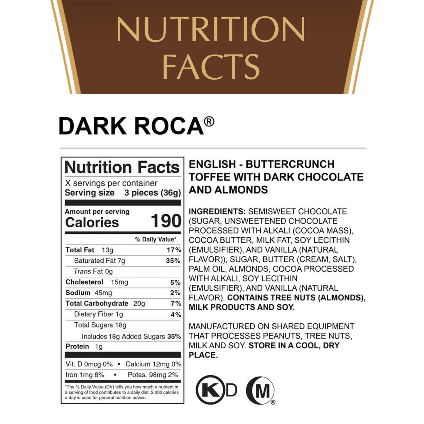 Almond Roca Pack of 1-4.5oz Individually Wrapped Dark Chocolate Candy - Buttercrunch Toffee with Almonds Covered in Chocolate - Gluten Free, Kosher