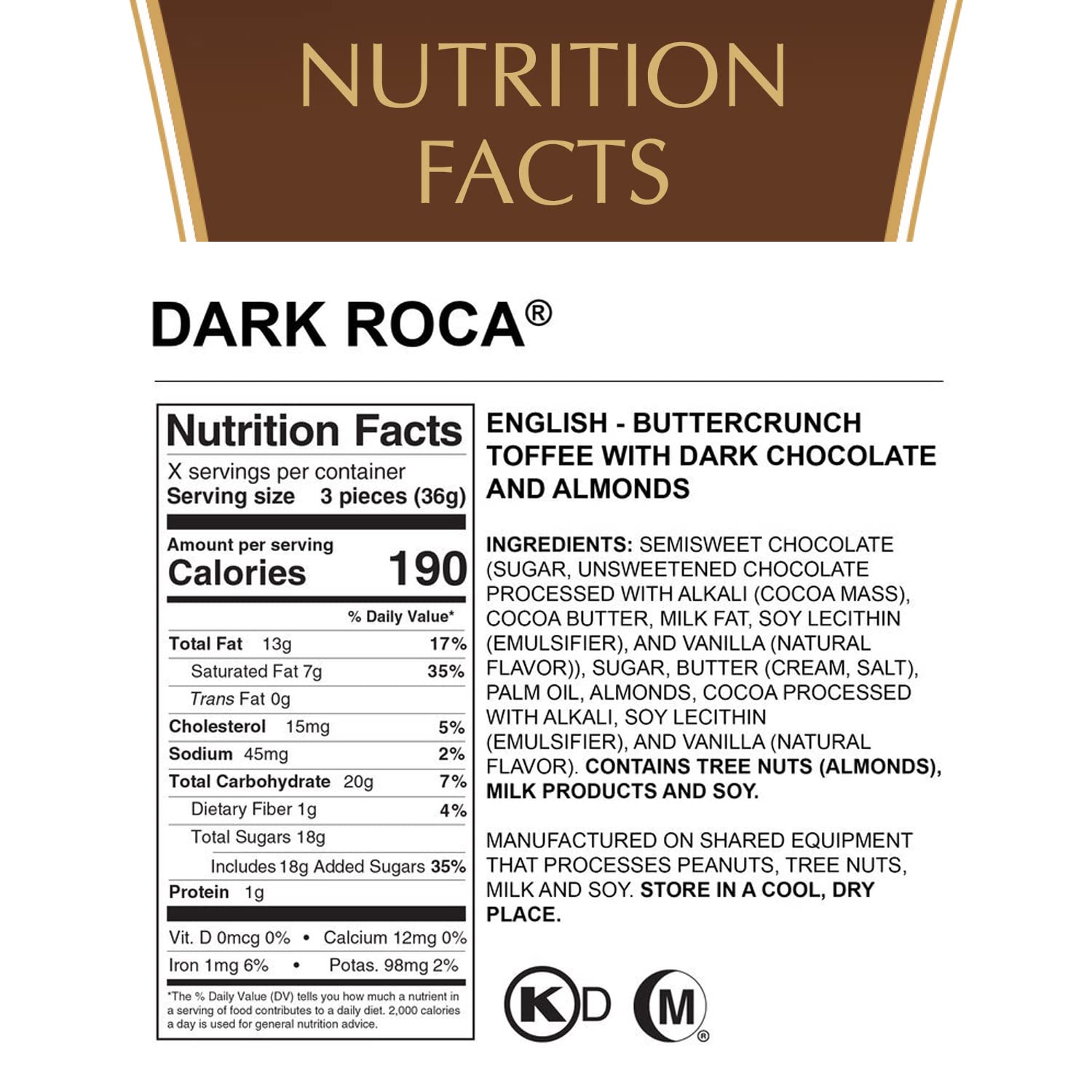 Almond Roca Pack of 1-4.5oz Individually Wrapped Dark Chocolate Candy - Buttercrunch Toffee with Almonds Covered in Chocolate - Gluten Free, Kosher