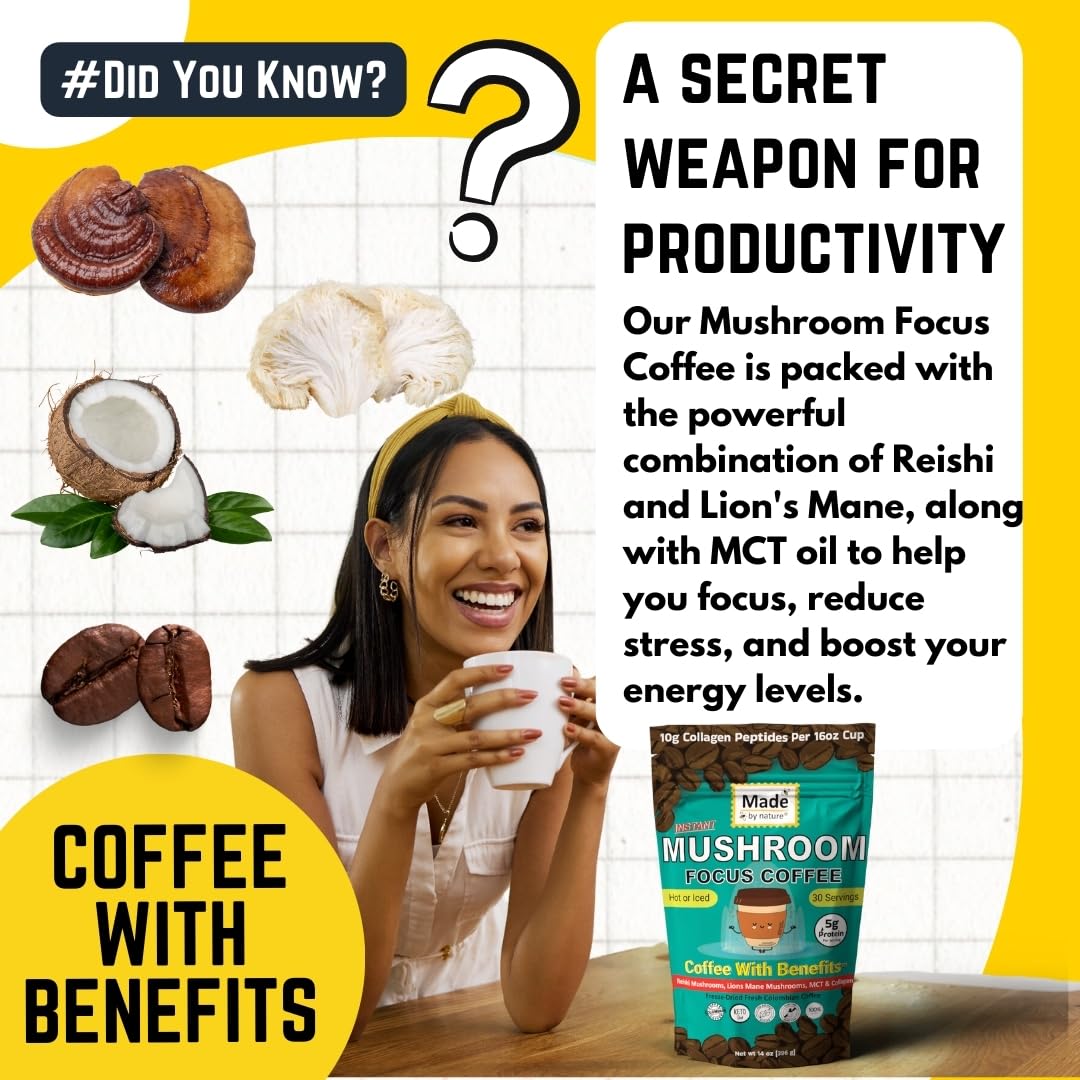 Made by Nature Mushroom & Collagen Protein Coffee | 30 Servings | Colombian Coffee | MCT | 10g Protein | Collagen Peptides | Skin, Joint, Muscle