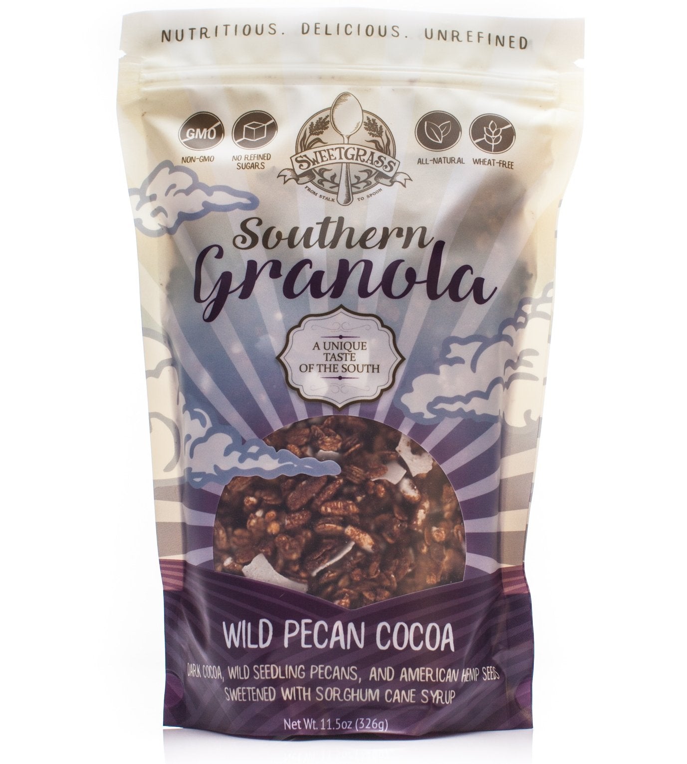 Sweetgrass Southern Granola Non-Gmo, No Refined Sugar, U.S. Hemp "A Unique Taste of the South" 3-Pack (Cocoa & Wild Seedling Pecan)
