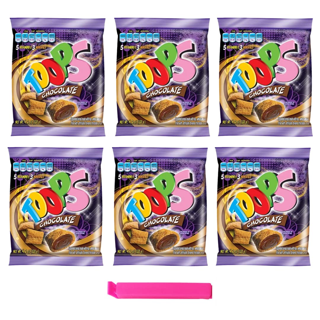 TOOPS Chocolate Breakfast Cereal Snacks candy Foods for kids, Bags Single Serve High vitamins 4.2 Oz (6 Packs) + HOMESTUFF Food Sealing Clips Bag