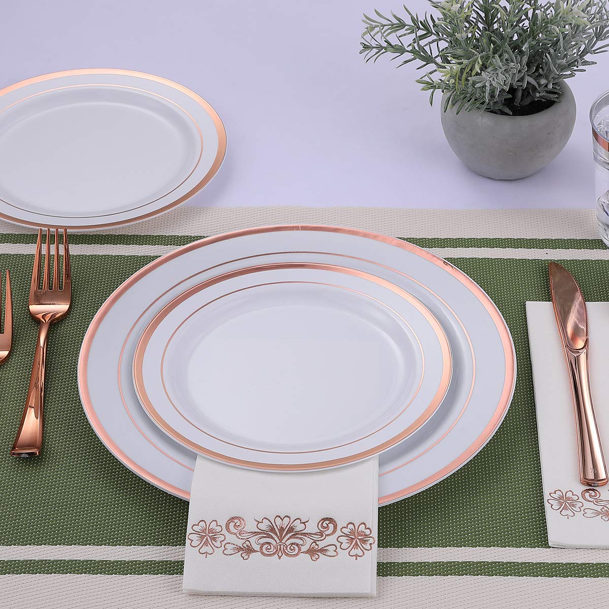 FOCUSLINE 120Pcs Rose Gold Plastic Plates, Disposable White and Rose Gold Rim Plastic Plates, Including 60 Dinner & Dessert Plate, Elegant Fancy Heavy