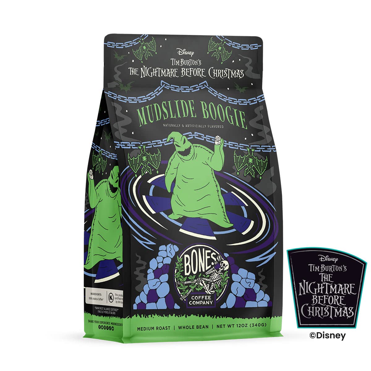 Bones Coffee Company The Nightmare Before Christmas Mudslide Boogie Flavored Coffee Beans, Whole Bean Coffee Medium Roast Low Acid, Chocolate Mudslide