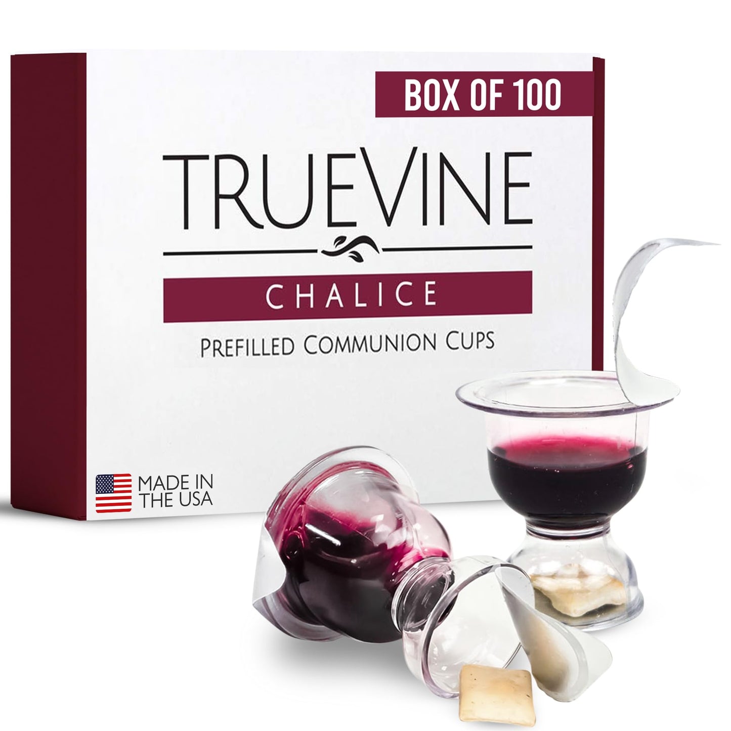 TrueVine Chalice Communion Cups and Wafer Set - Prefilled Cups w/Fresh Unleavened Bread & Grape Juice - Carefully Packaged & Easy to Open Elements