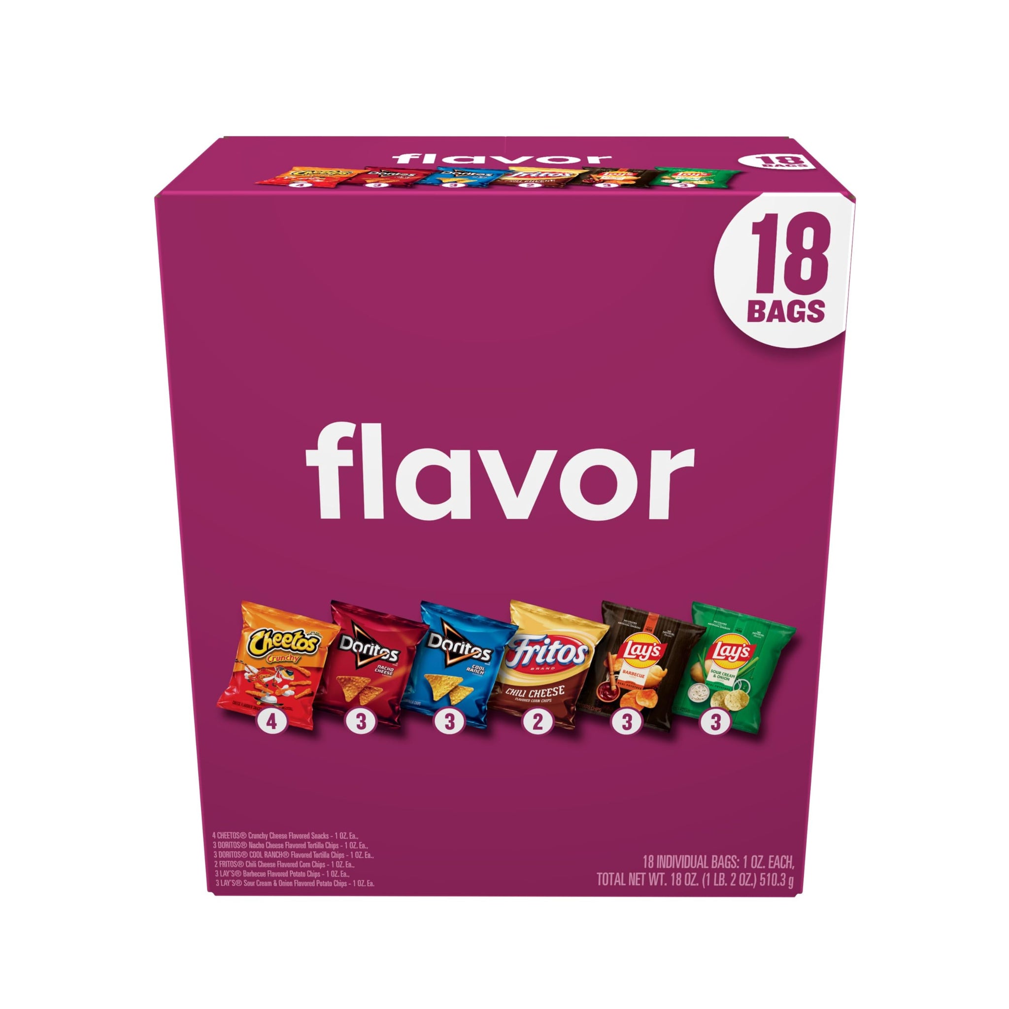 Frito-Lay Snacks Variety Pack, Flavor Mix, Single Serve Snack Bags, (18 Pack), Fritos, Cheetos, Lay's, Doritos, Chips