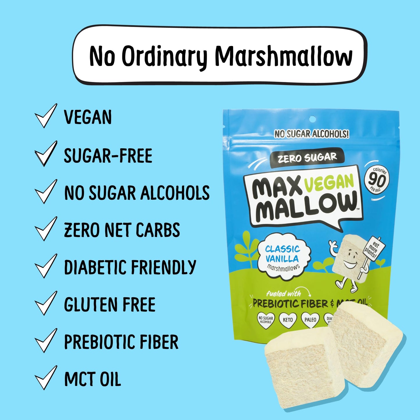 Max Mallow Vegan Sugar Free Marshmallows - Keto Friendly, Perfect for S'mores, Hot Chocolate, and Baking Zero Sugar, Marshmellows Marshmallows Smores
