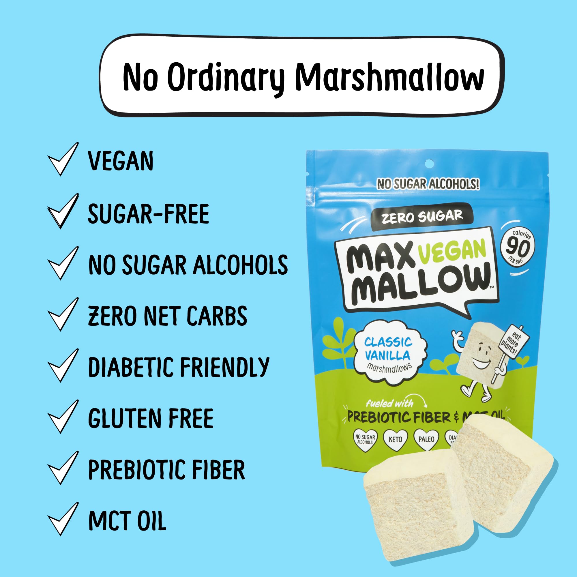 Max Mallow Vegan Sugar Free Marshmallows - Keto Friendly, Perfect for S'mores, Hot Chocolate, and Baking Zero Sugar, Marshmellows Marshmallows Smores