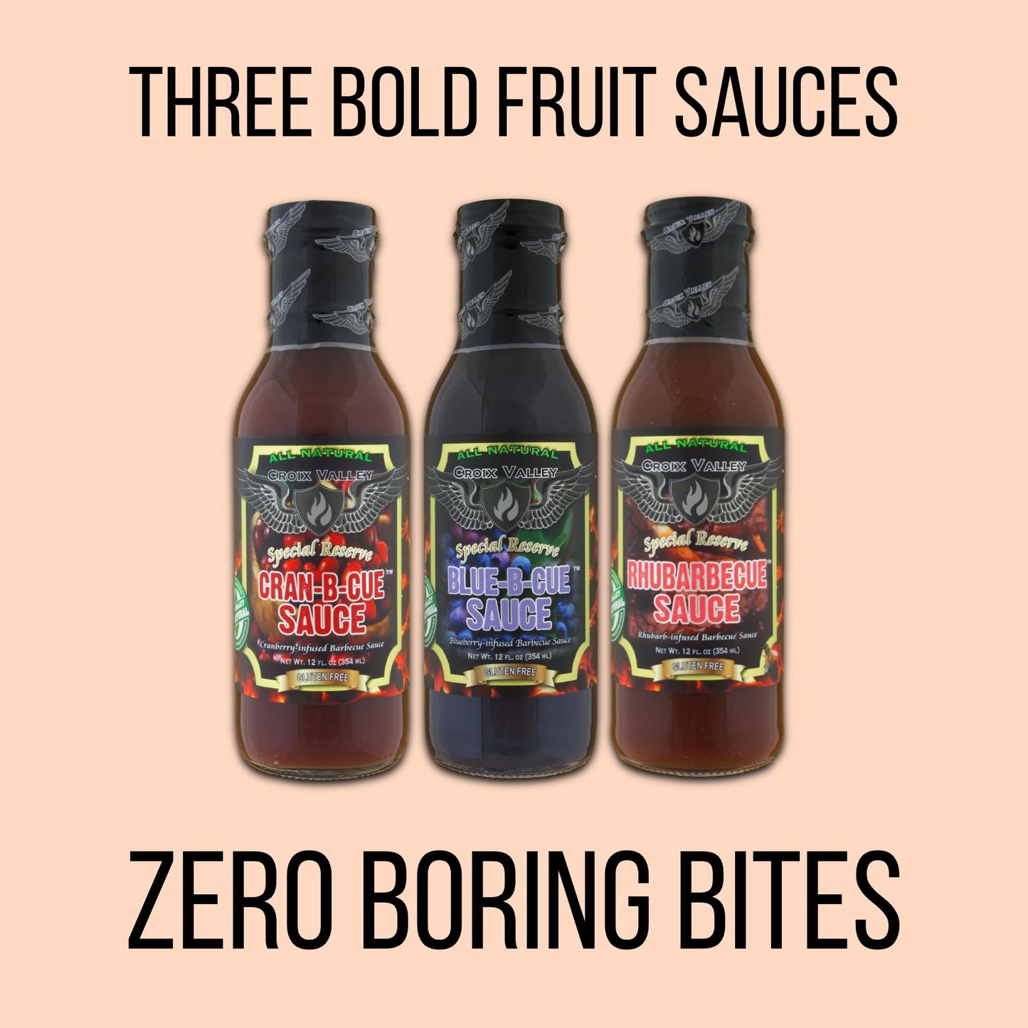 Croix Valley Fruit BBQ Sauce Variety Pack - 3 Pack (12 oz Glass Bottles) - Blueberry, Cranberry & Rhubarb BBQ Sauces - Gluten-Free, No MSG, No High