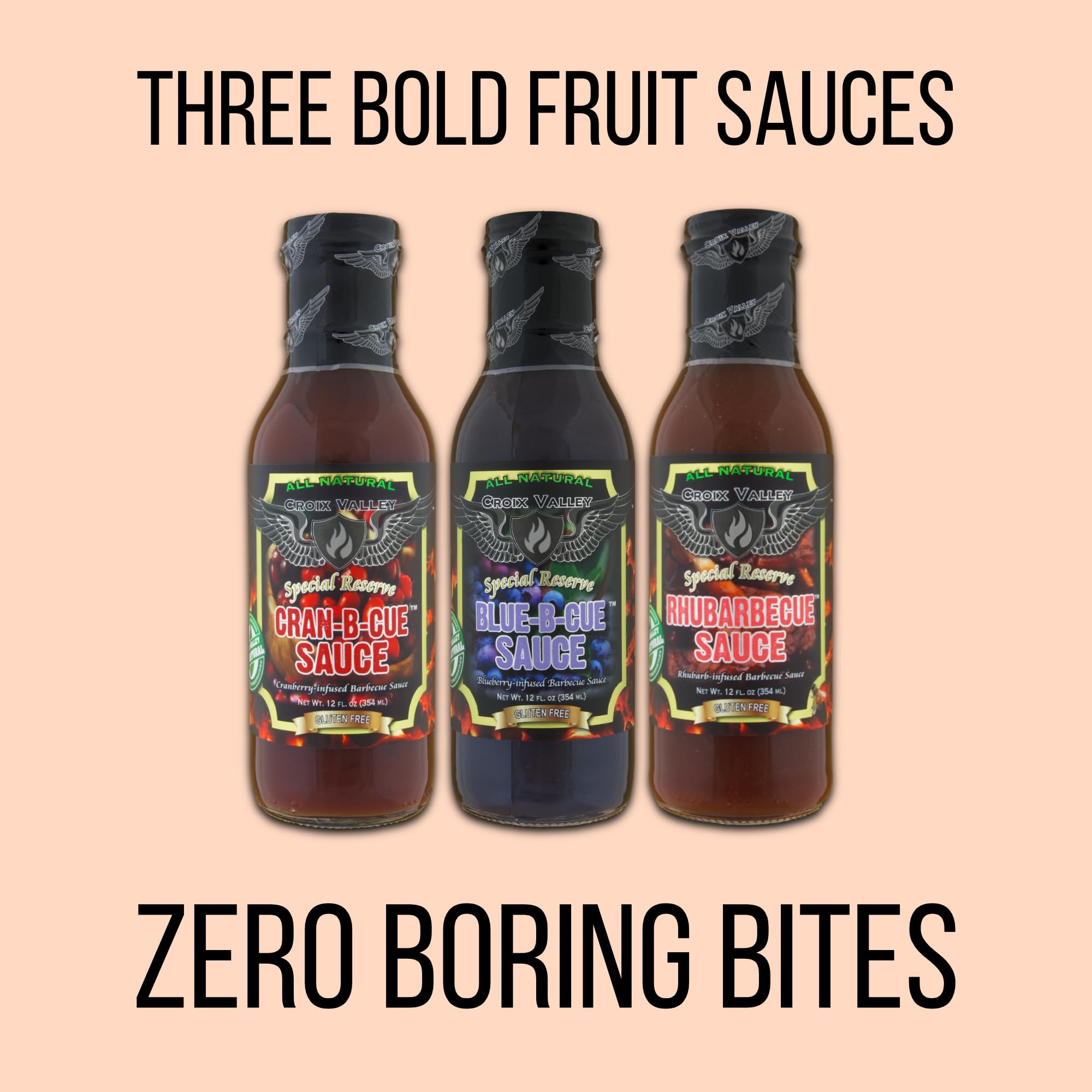 Croix Valley Fruit BBQ Sauce Variety Pack - 3 Pack (12 oz Glass Bottles) - Blueberry, Cranberry & Rhubarb BBQ Sauces - Gluten-Free, No MSG, No High