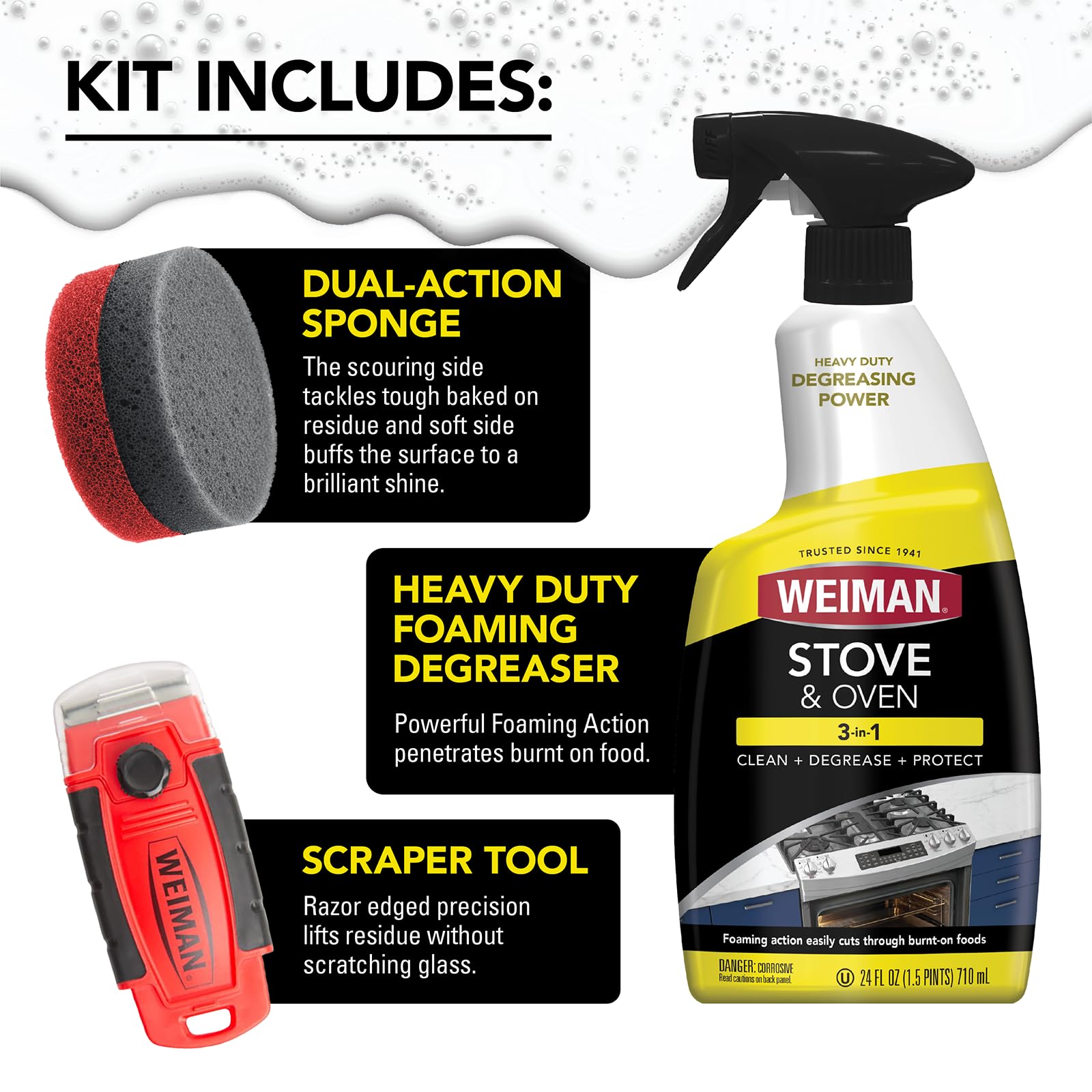 Weiman Heavy Duty Stove and Oven Cleaner 3 Piece Total Clean Kit, For Baked on Grease, Grime, Carbonized Food, Includes Foaming Cleaner (24oz)