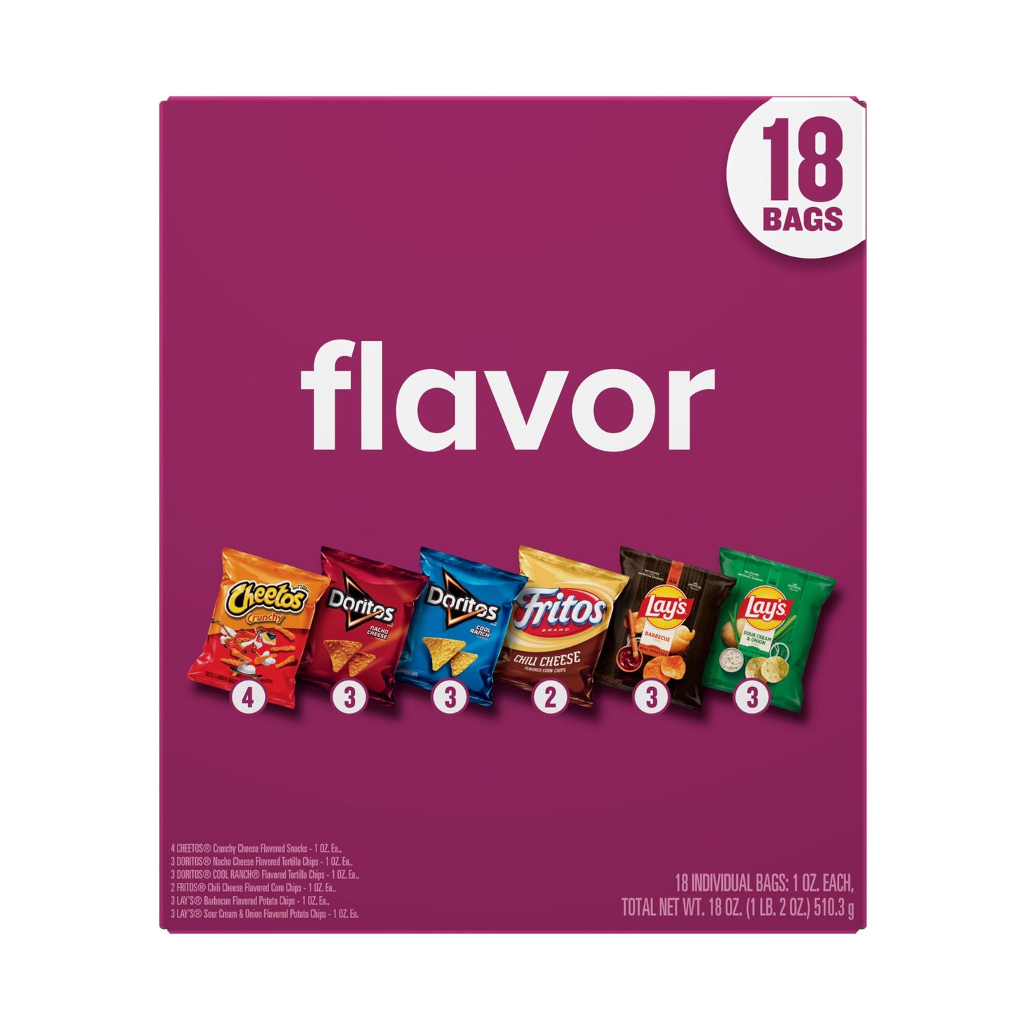 Frito-Lay Snacks Variety Pack, Flavor Mix, Single Serve Snack Bags, (18 Pack), Fritos, Cheetos, Lay's, Doritos, Chips