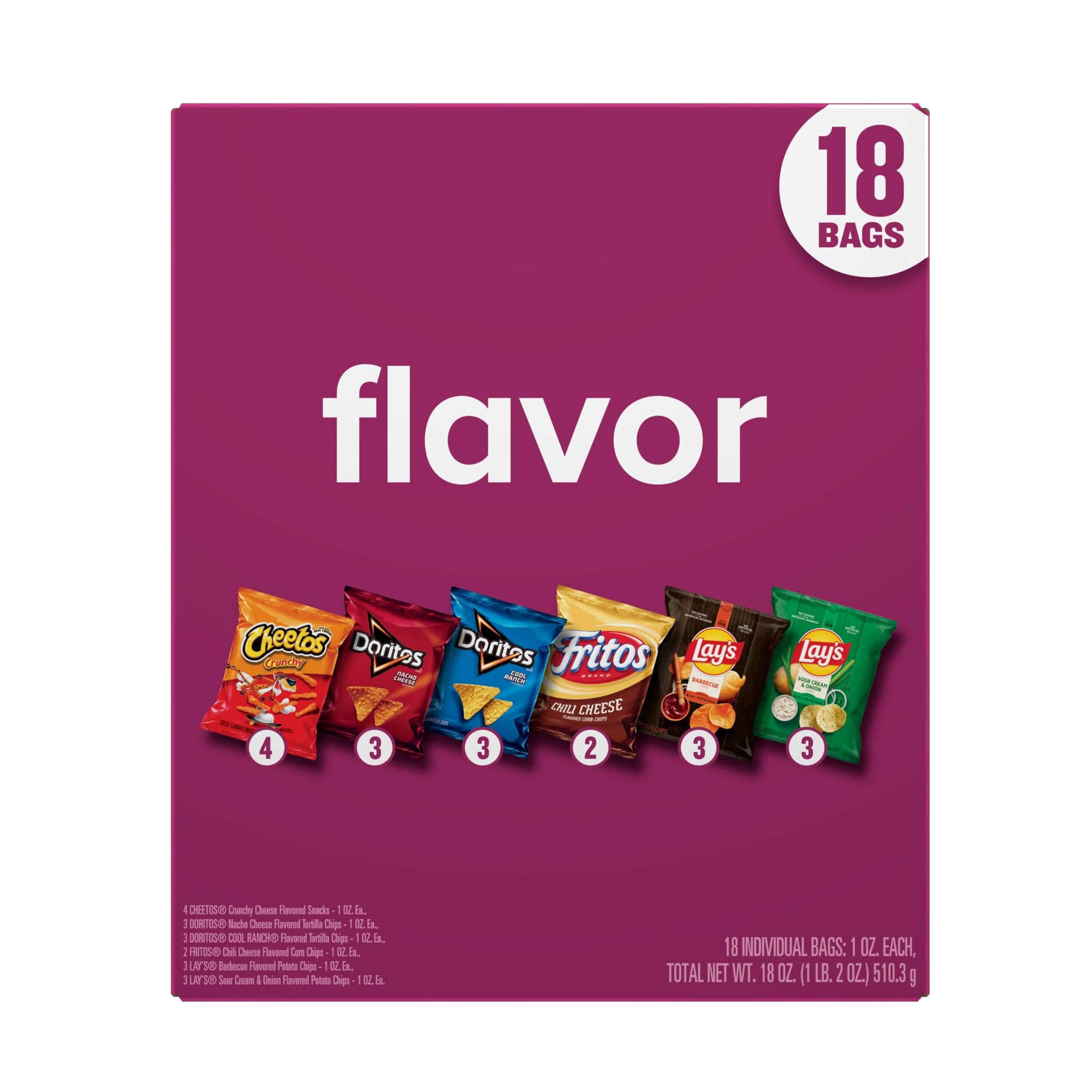 Frito-Lay Snacks Variety Pack, Flavor Mix, Single Serve Snack Bags, (18 Pack), Fritos, Cheetos, Lay's, Doritos, Chips
