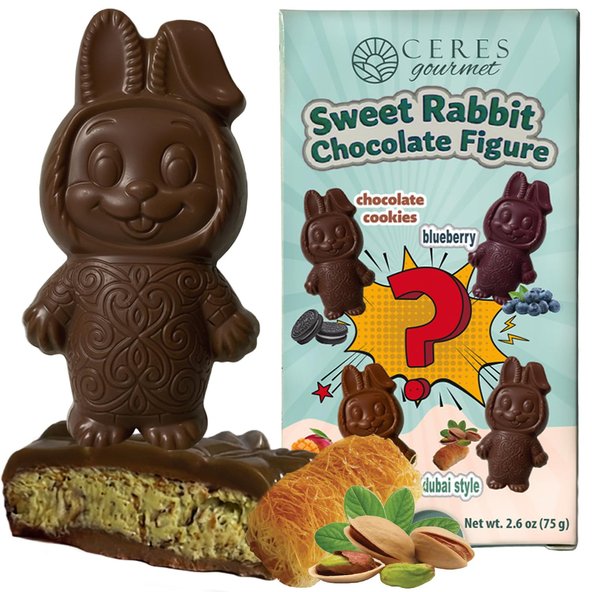Ceres Gourmet Surprise Dubai Chocolate Bar, 1 pack Mysterious Cookies or Mango or Blueberry or Pistachio Kataifi Flavored Stuffed Sweet Rabbit