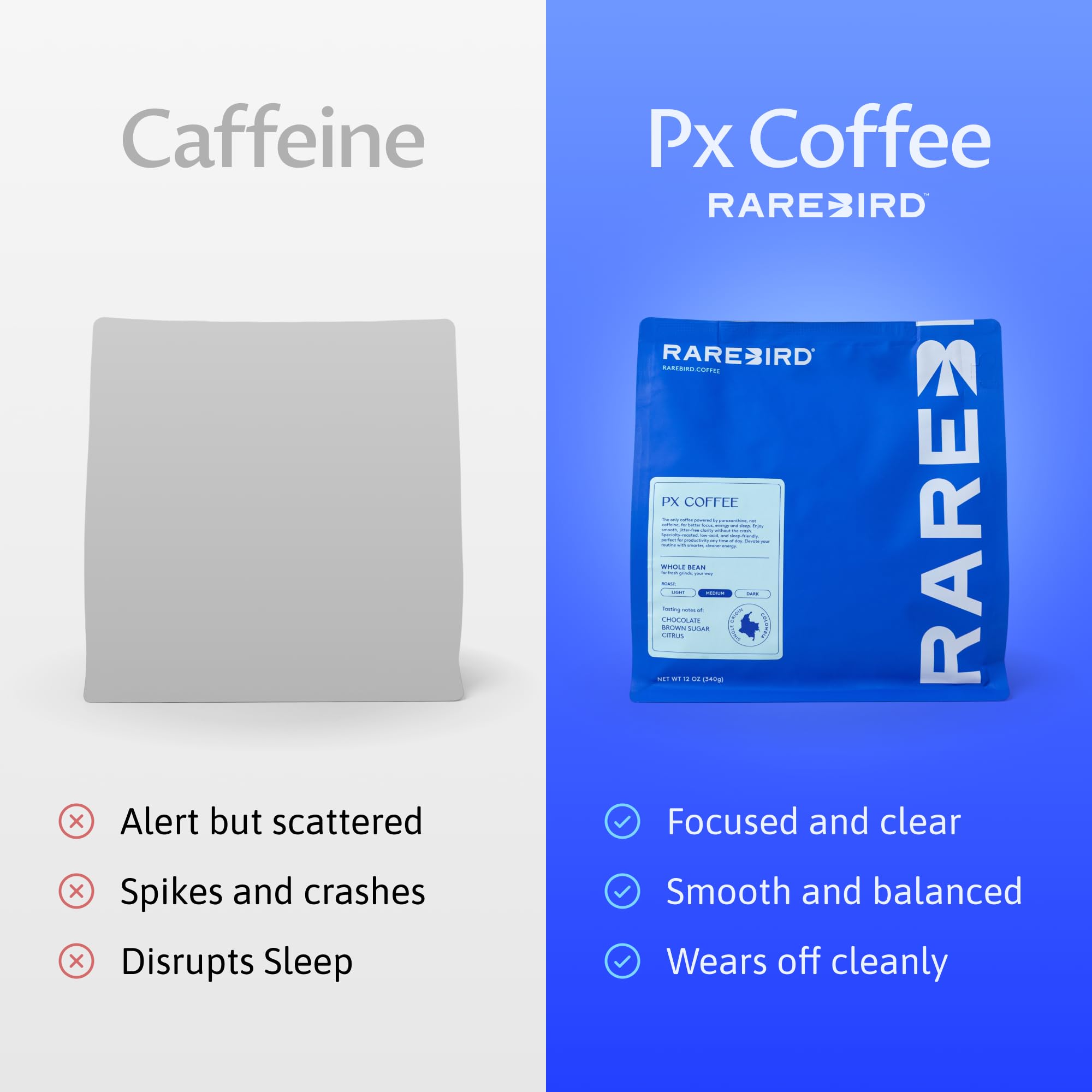 Rarebird Px Coffee, Whole Bean Coffee - Medium Roast - Powered by Px (Paraxanthine) for Smooth, Focused, Sleep-Friendly Energy - Specialty Grade