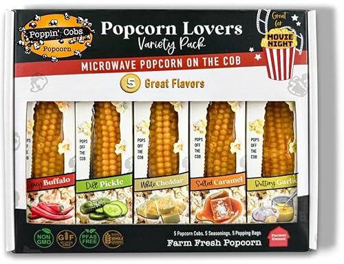 Poppin’ Cobs - Microwave Popcorn Flavor Variety Pack - Movie Night Gift Box 5 flavors in each package: White Cheddar, Salted Caramel, Buttery Garlic