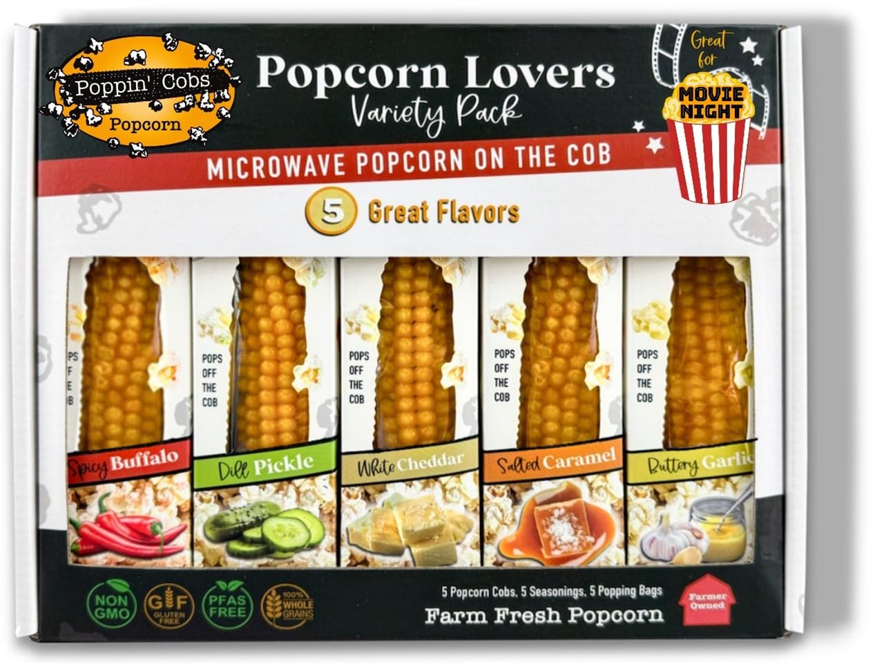 Poppin’ Cobs - Microwave Popcorn Flavor Variety Pack - Movie Night Gift Box 5 flavors in each package: White Cheddar, Salted Caramel, Buttery Garlic