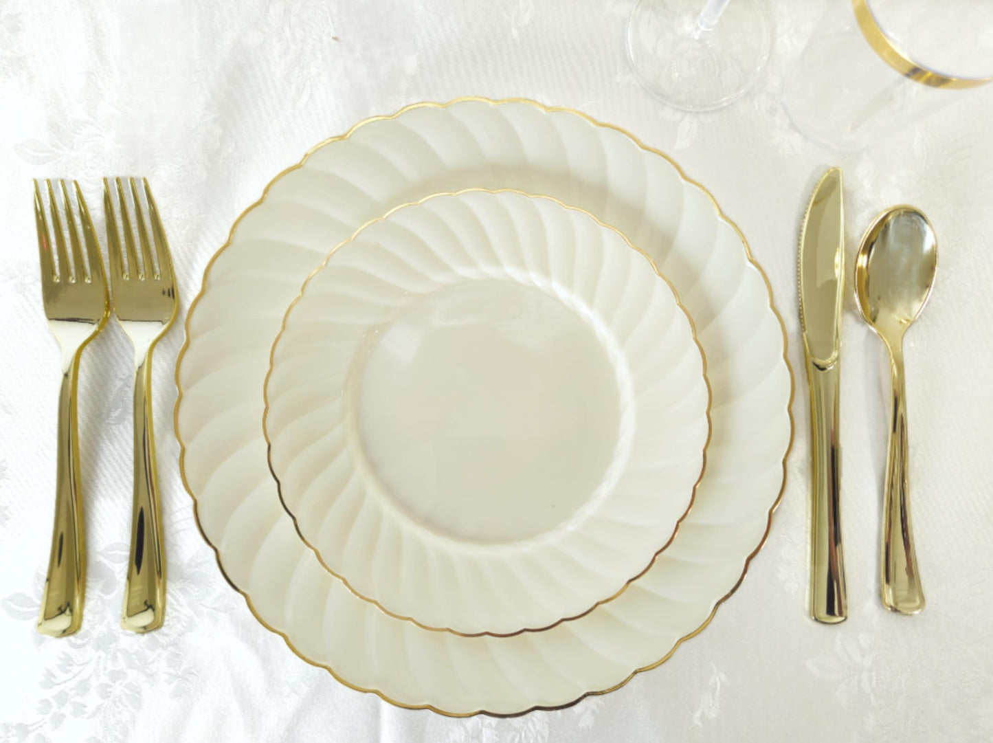 OCCASIONS 50 Piece Disposable Plastic Plates Set for 25 Guests - Heavy Duty 10.25" Dinner & 7.5" Dessert Plates, Elegant Party Plates for Wedding