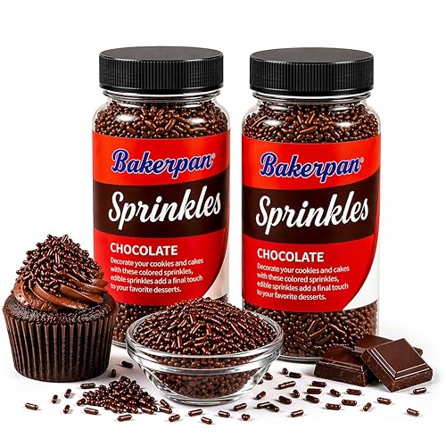 Bakerpan Chocolate Sprinkles for Cake Decorating - 2 Bottles of 4.3 Ounces Chocolate Jimmies Sprinkles for Ice Cream, Baking, Cupcakes, Cookies (Made