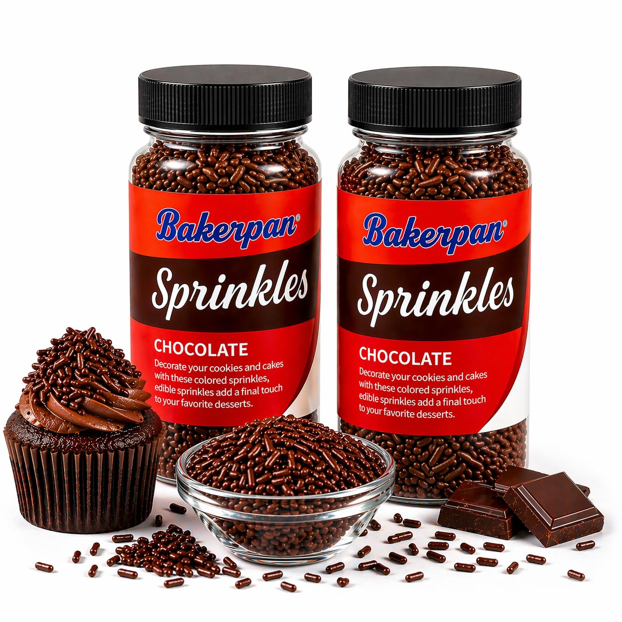 Bakerpan Chocolate Sprinkles for Cake Decorating - 2 Bottles of 4.3 Ounces Chocolate Jimmies Sprinkles for Ice Cream, Baking, Cupcakes, Cookies (Made