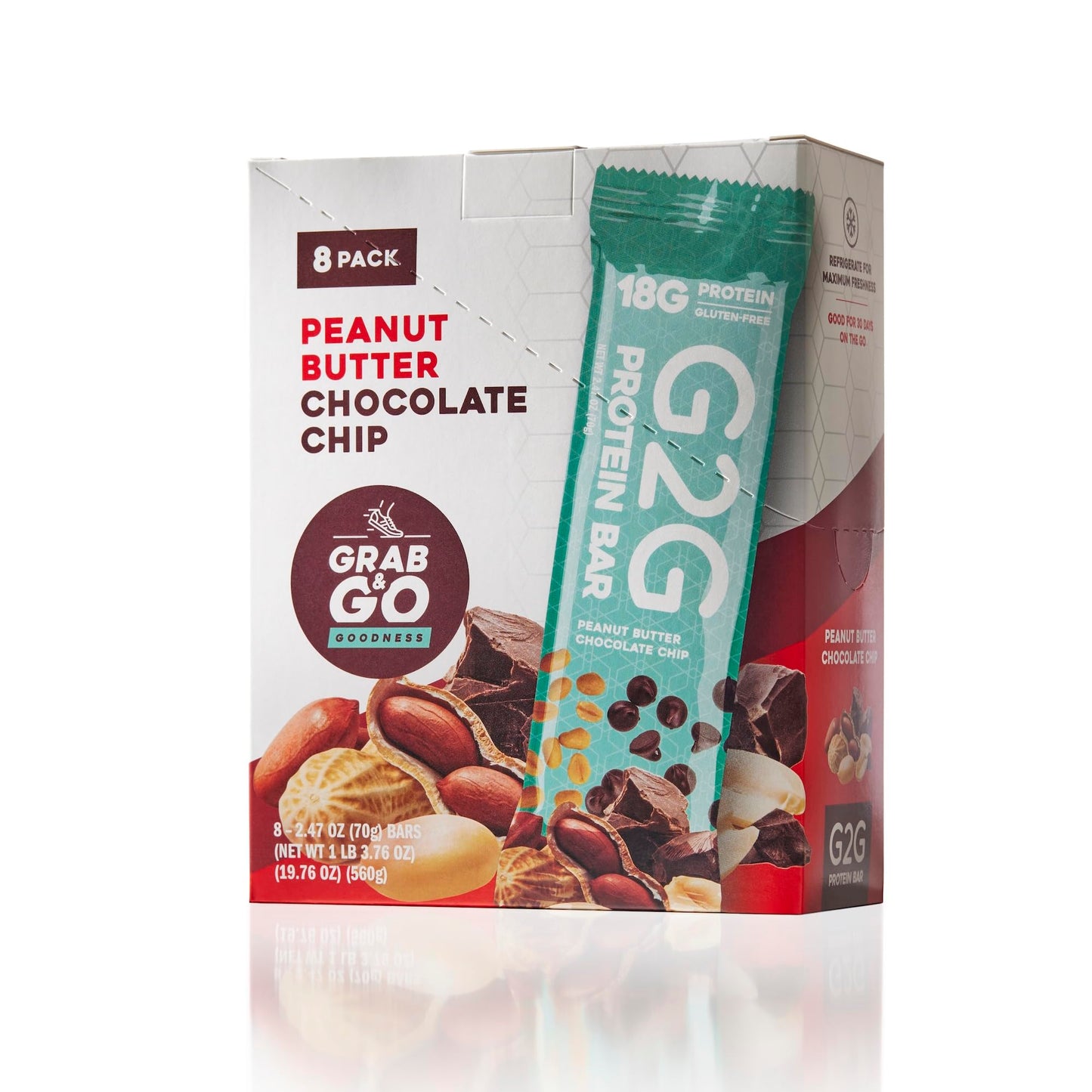 G2G Protein Bar, Peanut Butter Chocolate Chip, Real Food, Refrigerated for Freshness, Healthy Snack, Delicious Meal Replacement, Gluten-Free, 8 Count