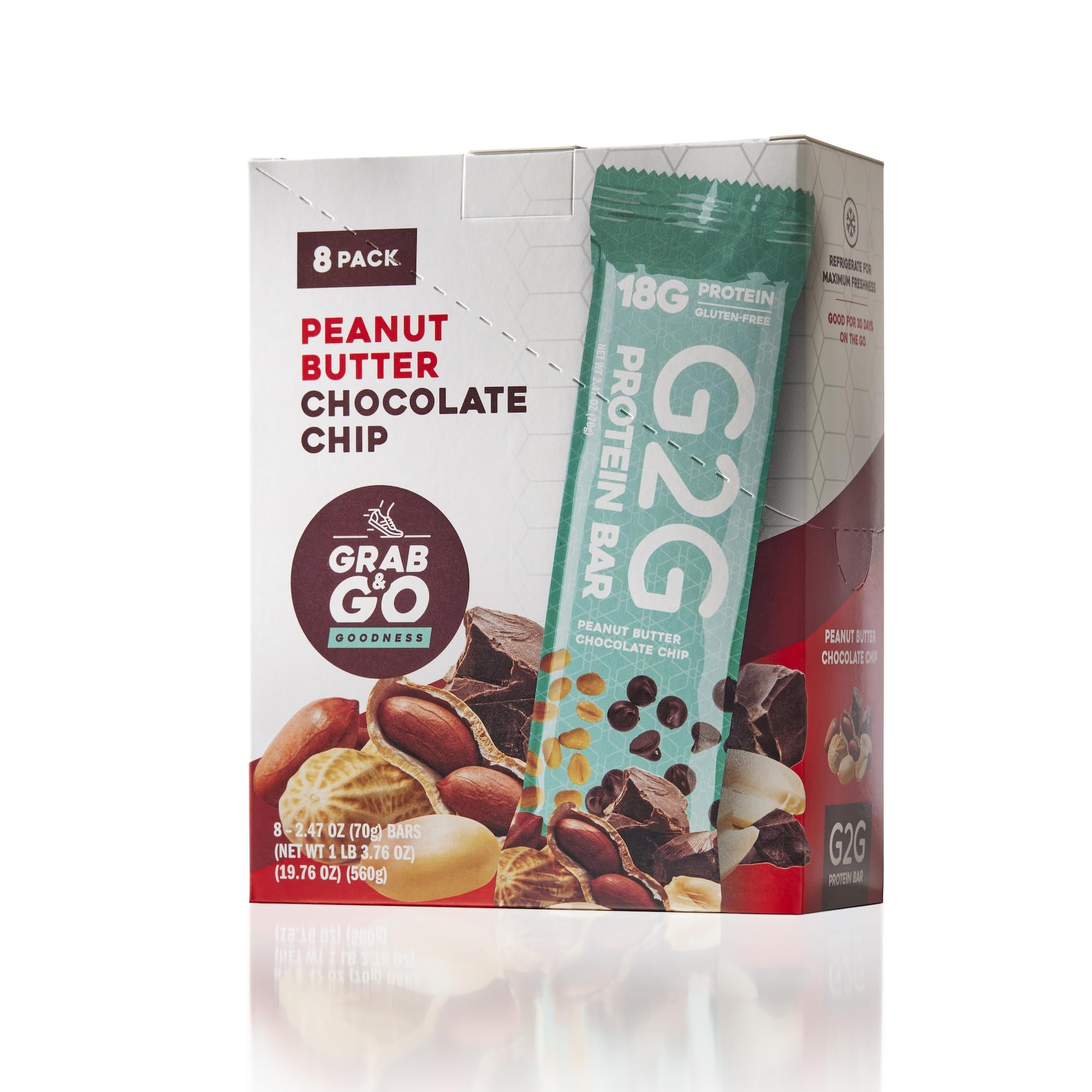 G2G Protein Bar, Peanut Butter Chocolate Chip, Real Food, Refrigerated for Freshness, Healthy Snack, Delicious Meal Replacement, Gluten-Free, 8 Count