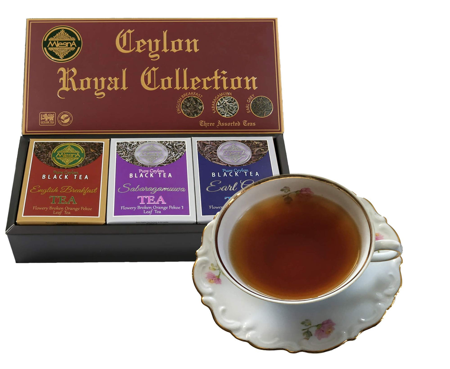 Mlesna Pure Ceylon Fine Black Loose Tea Royal Collection Luxury Gift Pack- 3 Assorted Tea English Breakfast, Ceylon Earl Gray and Sabaragamuwa Black