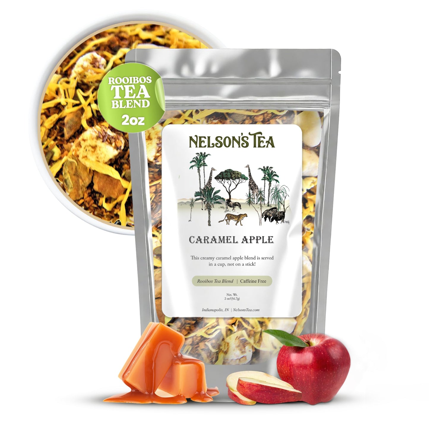 Nelson's Tea - Caramel Apple - Rooibos Loose Leaf Tea - Caffeine Free - Red Rooibos, cinnamon chips, caramel chips, dried apples, and marigold - 2 oz.