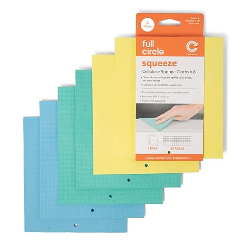 Full Circle Squeeze Swedish Dish Cloths - 6 Pack Reusable Cellulose Sponge Cloths, Super Absorbent Microfiber Cleaning Towels, Paper Towel
