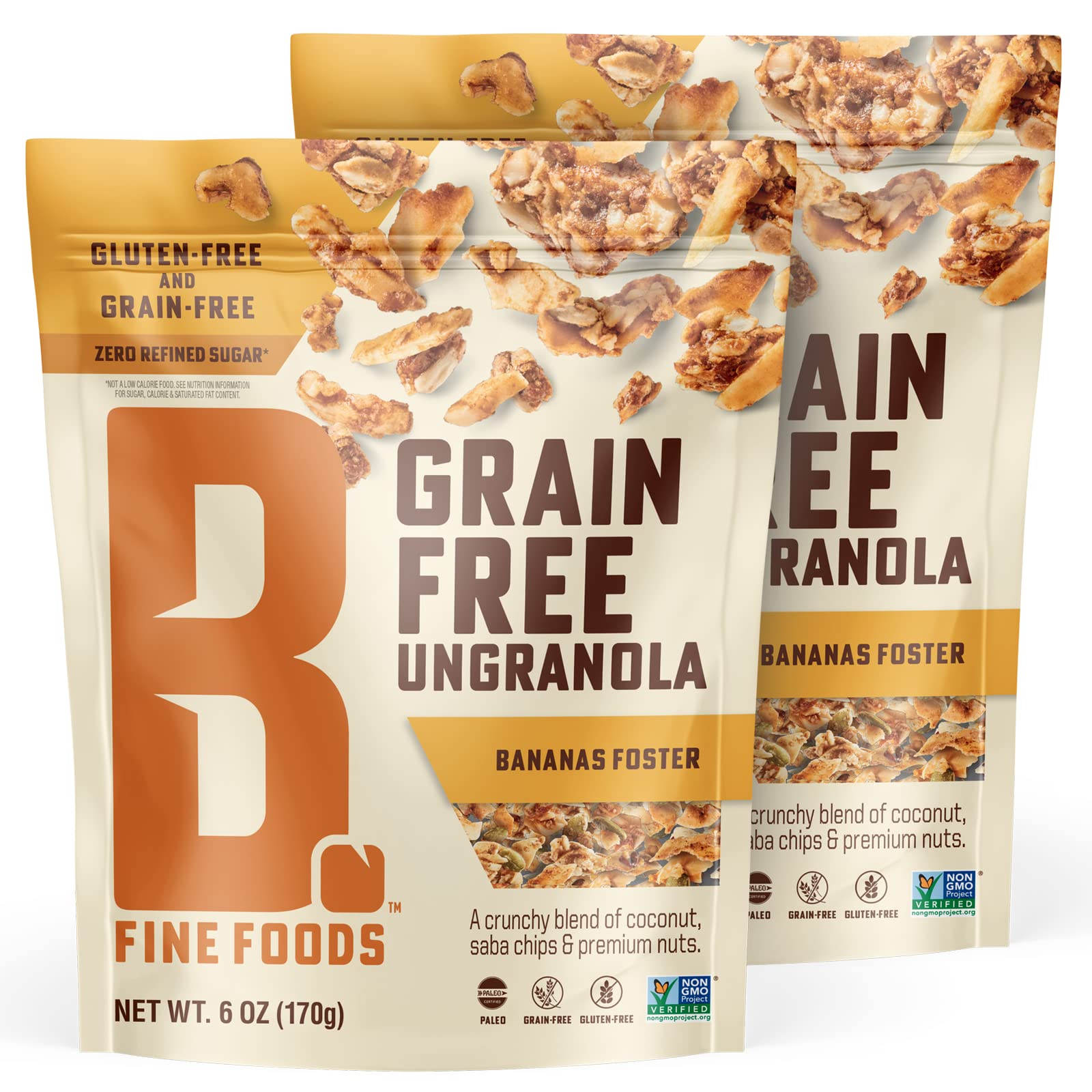 B. Fine Foods Grain-Free Crunchy Granola Snack of Coconut, Saba Chips & Premium Nuts - UnGranola Banana Foster - Zero-Refined Sugar, Gluten-Free