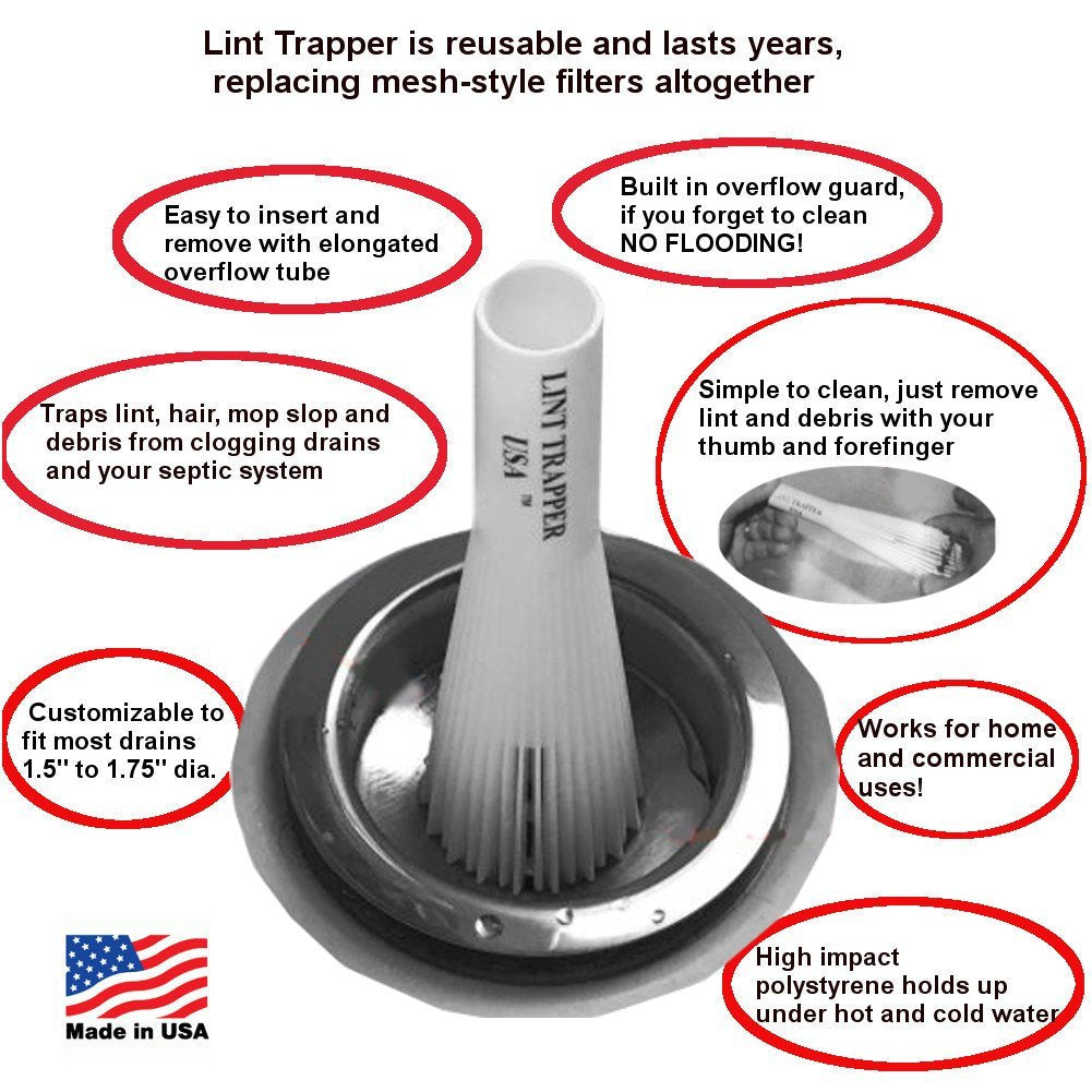 Lint Hair Trapper for filtering Washing Machine Utility Tub and Sink drains-reusable and customizable with built-in overflow guard. Traps Lint, hair