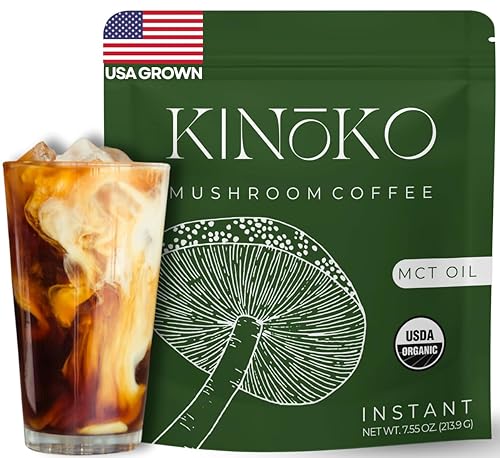 Kinoko USDA Organic Mushroom Coffee 30 Servings with MCT Oil, Instant Creamy Coffee Mix with 7 Adaptogenic Mushrooms for Focus, Energy & Wellness, USA