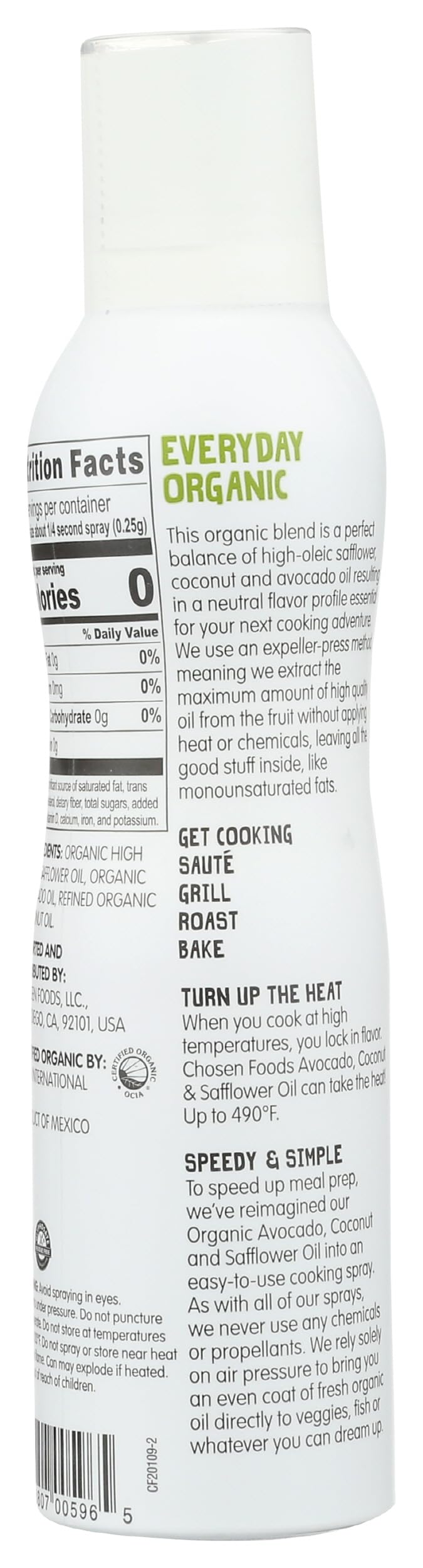 Chosen Foods Chosen Blend Oil Spray 4.7 oz., Non-GMO, 490° F Smoke Point, Propellant-Free, Air Pressure Only for High-Heat Cooking, Baking and Frying