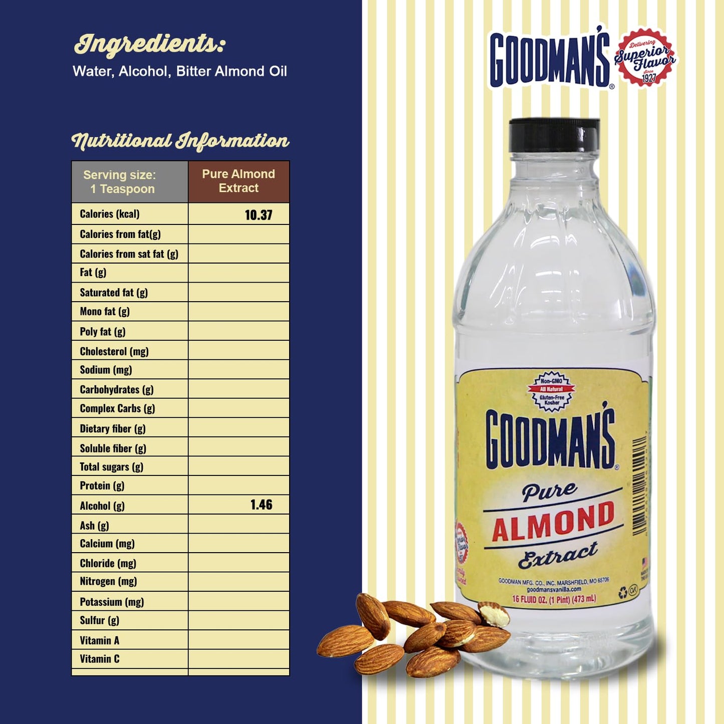 Goodman's Pure Almond Extract - Gluten-Free, Non-GMO, Kosher, Low Carb & Low Calorie - Ideal for Baking, Cooking, and Beverages - No Artificial