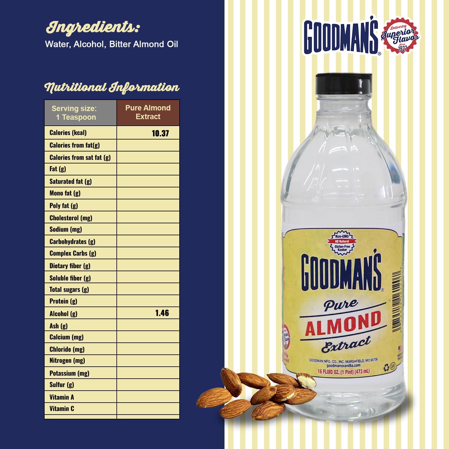 Goodman's Pure Almond Extract - Gluten-Free, Non-GMO, Kosher, Low Carb & Low Calorie - Ideal for Baking, Cooking, and Beverages - No Artificial
