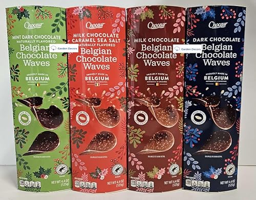 Choceur Belgian Chocolate Waves Milk, Salted Caramel Flavor, Mint Flavor, Dark 4.4oz 125g (4 Boxes)