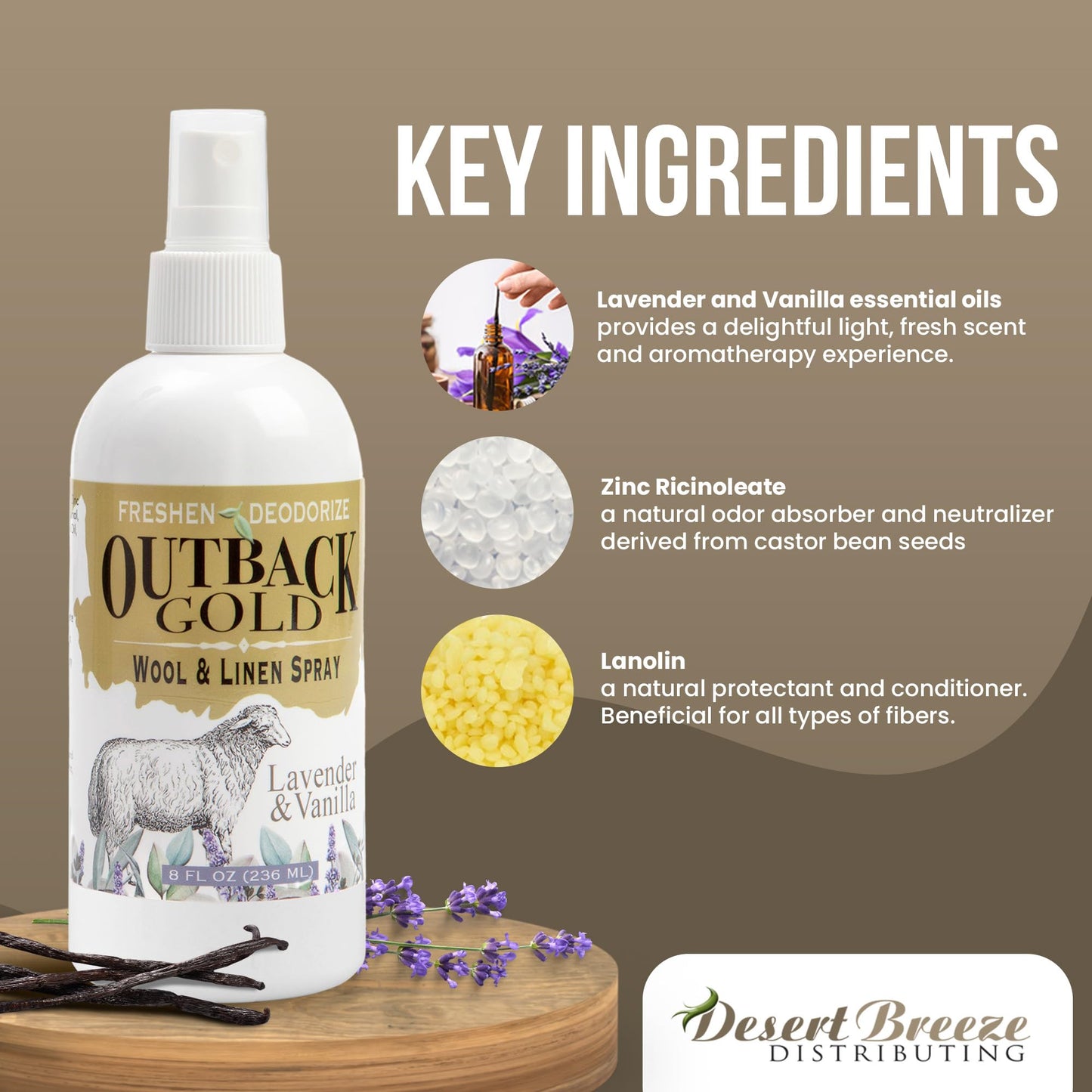 Outback Gold - Linen Spray & Fabric Freshener Spray, Natural Bed Spray for Wool & Linen, Lavender & Vanilla Scent, Essential Oils, Eco-Friendly