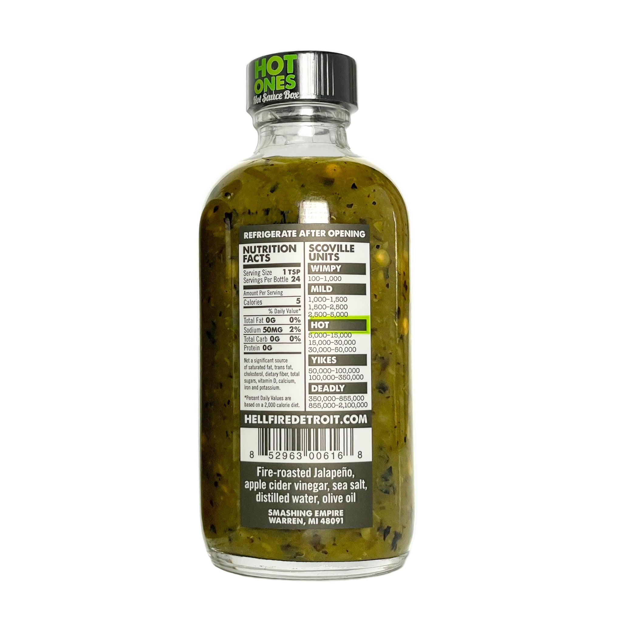 Hell Fire Detroit Jalapeño Hot Sauce (Medium), Crafted with Fresh, Fire-Roasted Jalapeño Chile Peppers, All-Natural, Vegan, Gluten-Free, Low Sodium