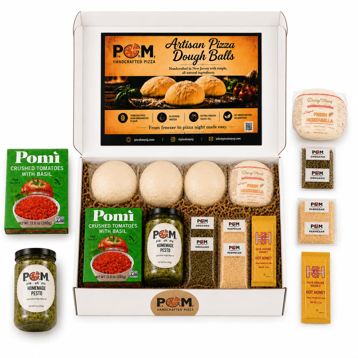 Pie Oh My Artisan Pizza Night Kit - 3 Pizza Dough Balls with Mozzarella, Tomato Basil Sauce, Pesto, Parmesan, Oregano & Hot Honey