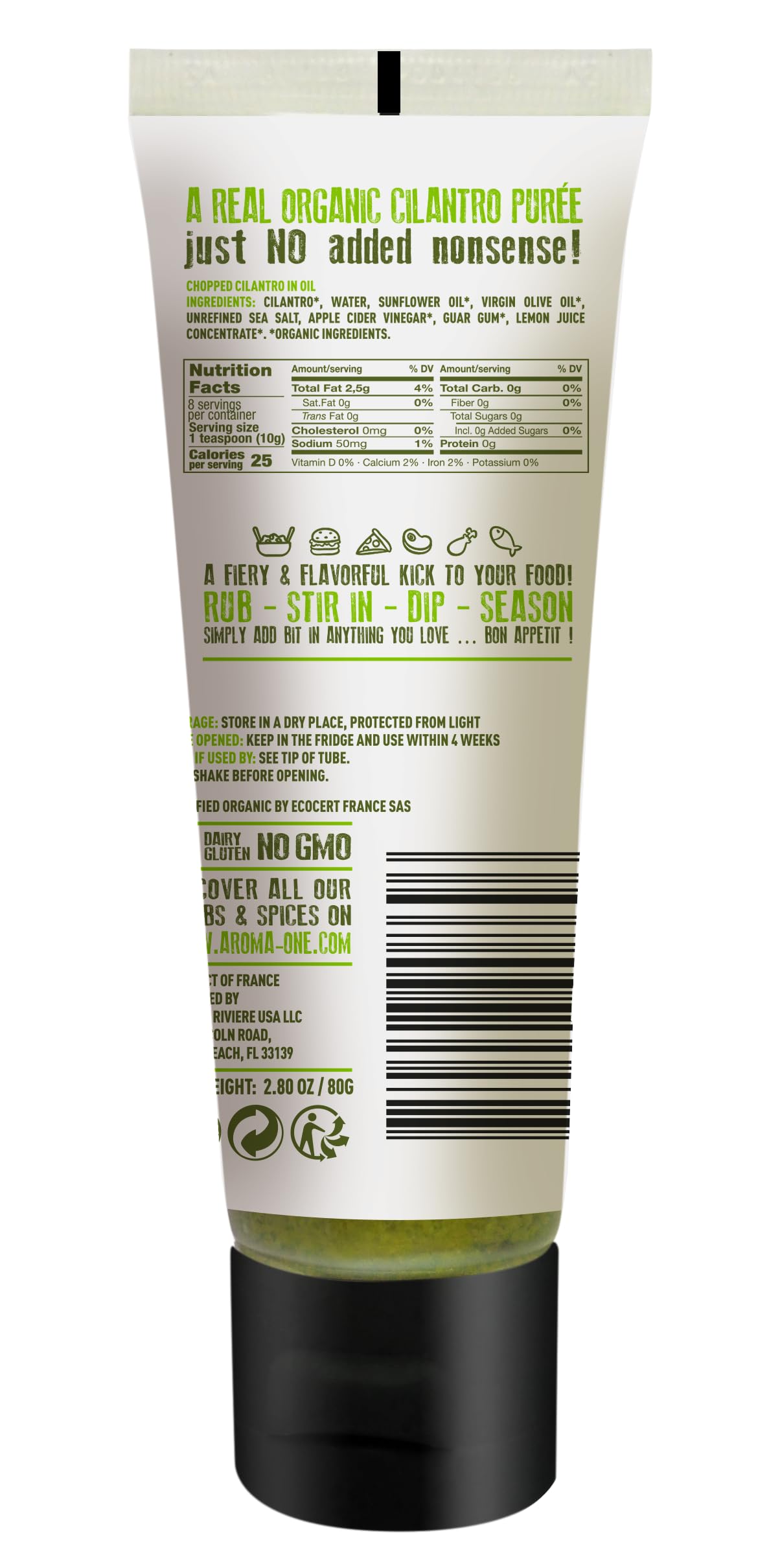 Aroma One Cilantro Puree Paste - Organic Herb Concentrate for Cooking, Seasoning & Sauces - Fresh Flavor Enhancer, Non-GMO, Gluten-Free, Vegan - Easy
