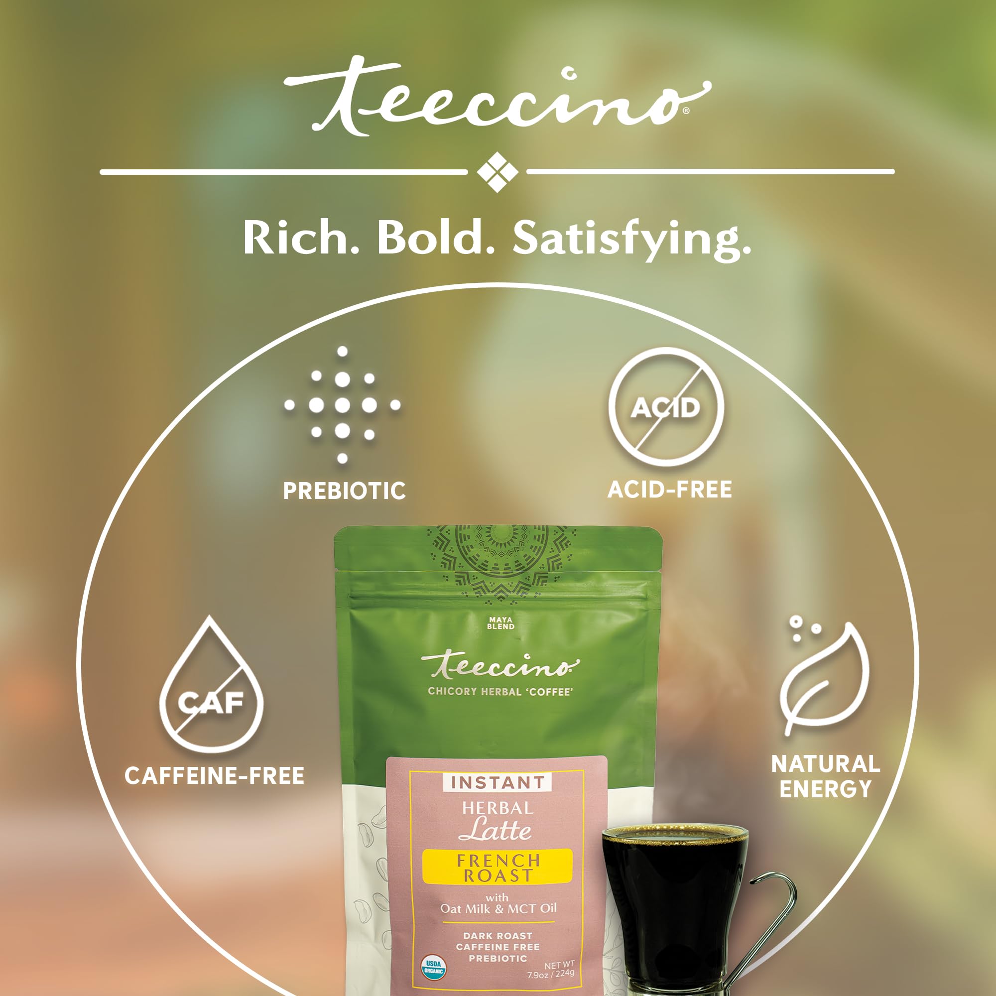 Teeccino Organic Instant French Roast Herbal Latte - 14 Servings - Creamy Oat & Coconut Latte Plus MCT Oil with a Bold, Coffee-Like Blend of Roasted