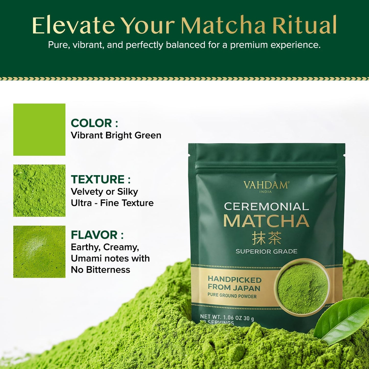VAHDAM Ceremonial Matcha Green Tea Powder (30g) | Certified Ceremonial Grade Japanese Matcha | Handpicked from Uji, Japan | Smooth & Balanced Taste