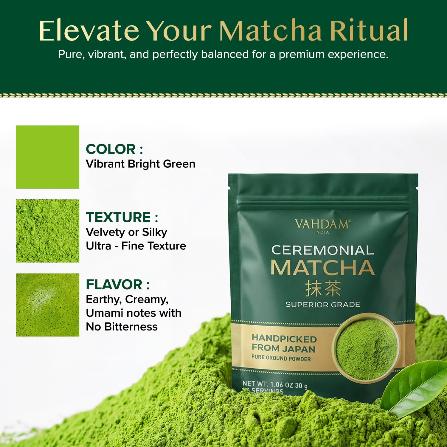 VAHDAM Ceremonial Matcha Green Tea Powder (30g) | Certified Ceremonial Grade Japanese Matcha | Handpicked from Uji, Japan | Smooth & Balanced Taste