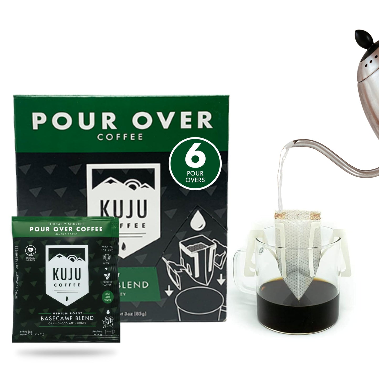 Kuju Coffee Premium Pour Over Camping Coffee Singles - 6 Pack Basecamp Blend, Medium Roast - Superior Instant Pocket Coffee for Backpacking, Travel
