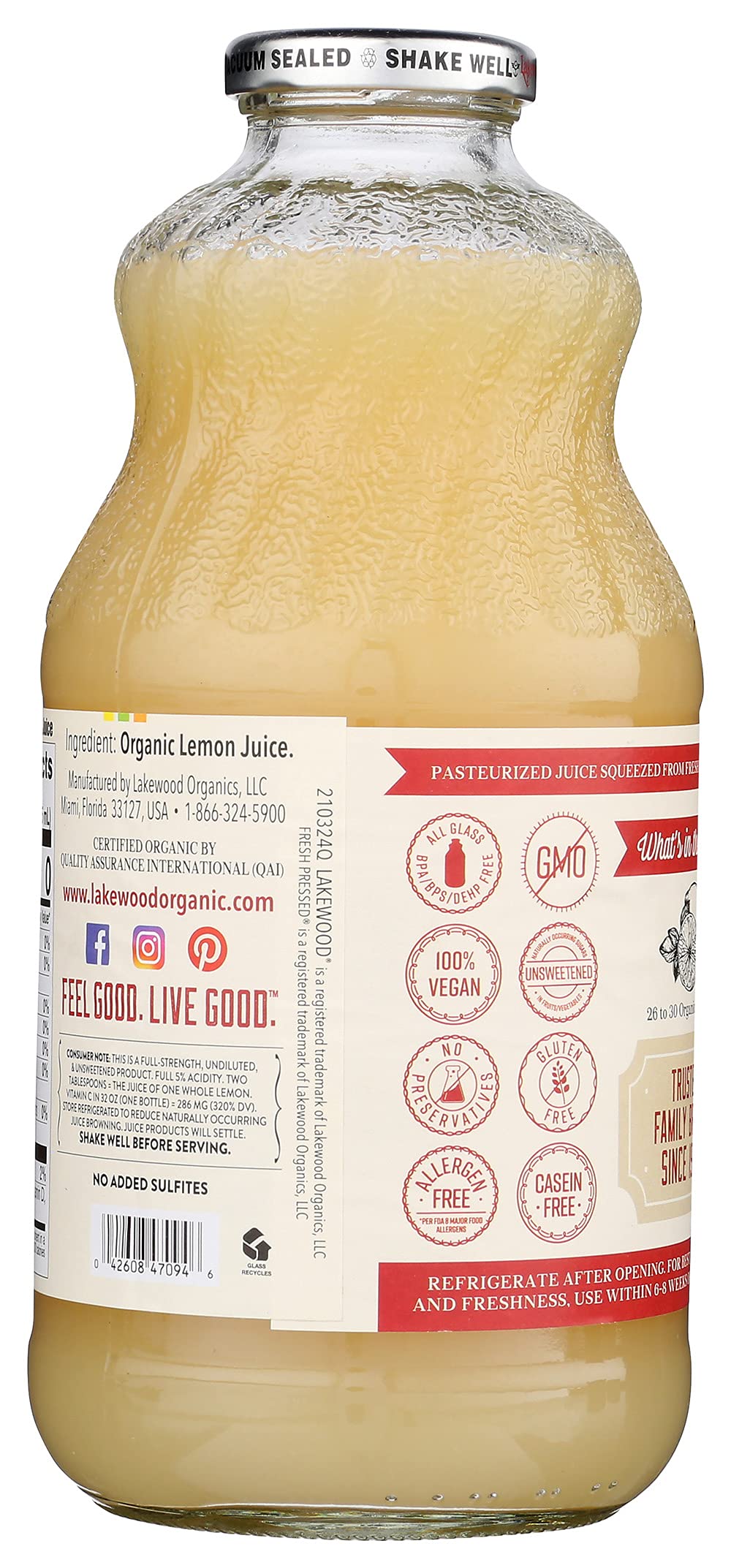 Lakewood PURE Organic Lemon Juice, (NOT from Concentrate), Buy TWELVE Bottles and SAVE More, Each Glass Bottle is 32 Ounces (Pack of 12)