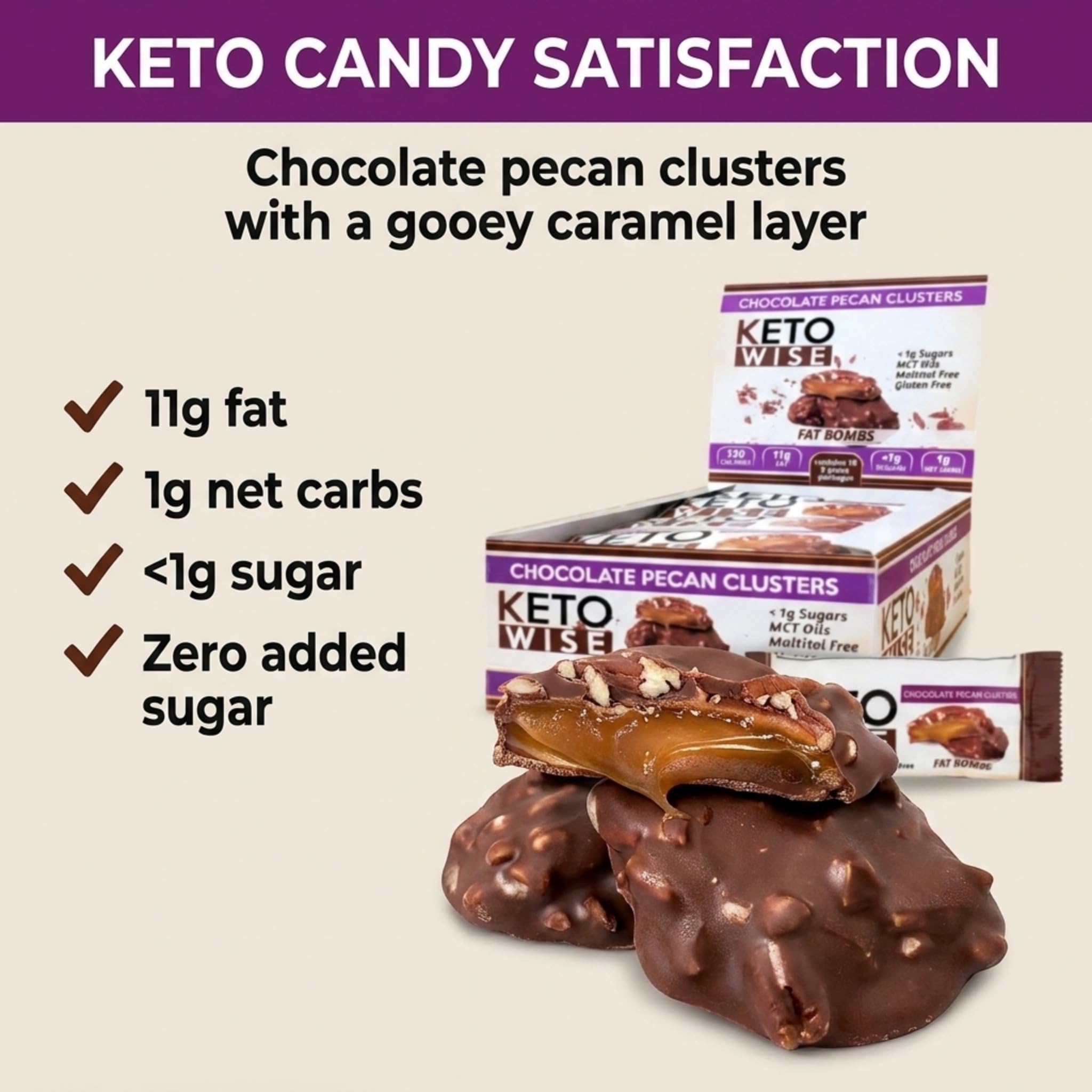 Keto Wise Fat Bombs - Made with Chocolate containing MCT Oil - Low Fat, Low Carb and Keto Friendly Snack - 11g Fat, 1g Net Carbs | Chocolate Pecan