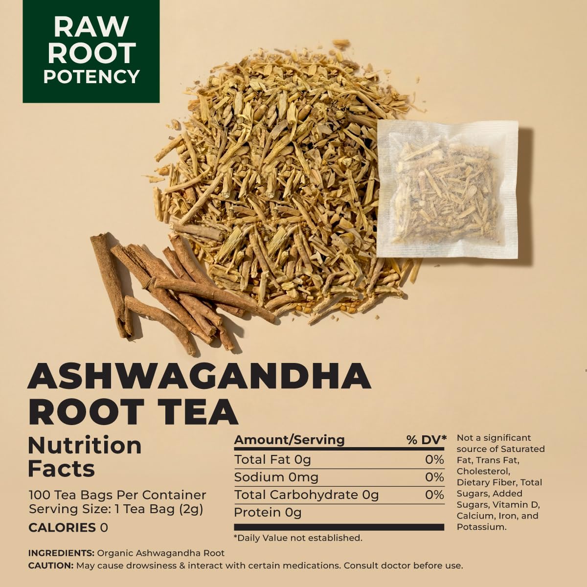 Gya Tea Co Organic Ashwagandha Root Tea Bags (100 Bags) - Caffeine-Free Herbal Tea With Adaptogens for Calm & Wellness - Promotes Relaxation, Pure