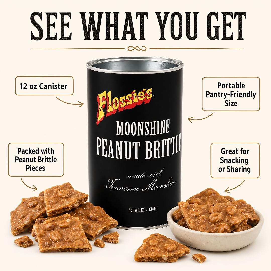 Flossie's Tennessee Moonshine Classic Peanut Brittle, Handmade Crunchy Candied Peanuts w/Touch of Southern Nostalgia, Authentic Recipe, 12 oz Can